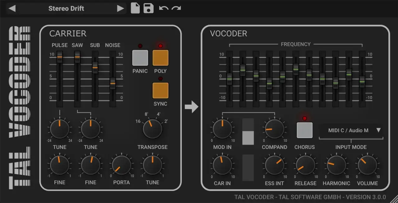 TAL Vocoder: ein kostenloser Vocoder VST-Effekt mit detaillierten Carrier- und Vocoder-Sektionen f&uuml;r kreative Klanggestaltung.