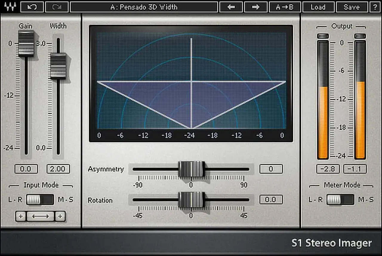 S1 Stereo Imager mit einem breiten Stereobild, das durch den wider vst-Regler eingestellt wird. Anzeige von Gain, Width und Output.