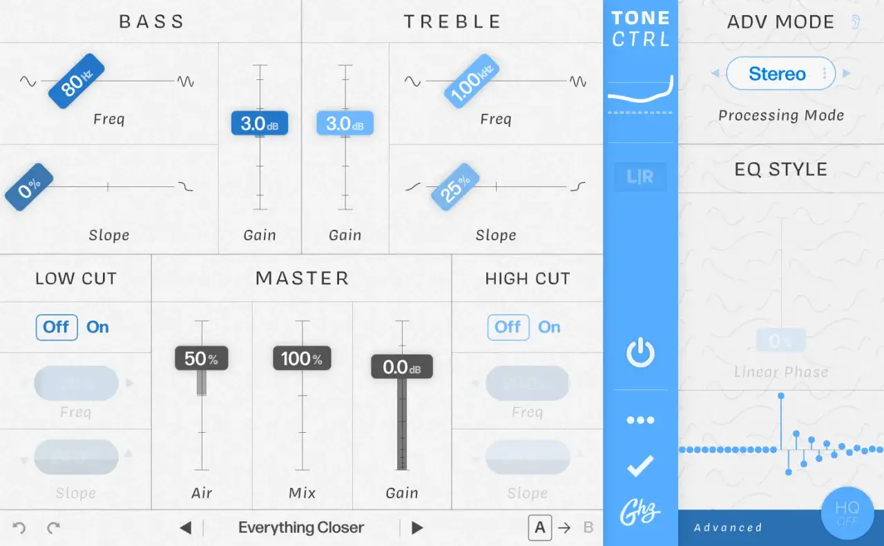 Das Interface des gullfoss plugin zeigt EQ-Einstellungen für Bass, Treble, Low Cut und High Cut. Ein