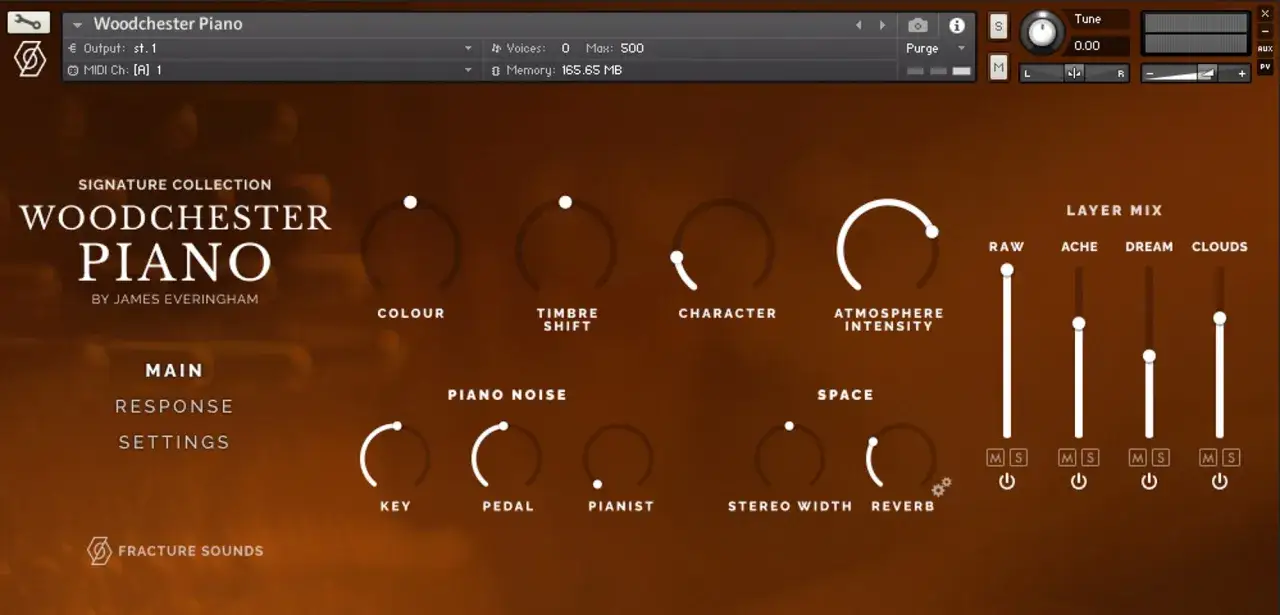 Native Instruments Woodchester Piano mit Reglern f&uuml;r Klangfarbe, Charakter und Atmosph&auml;re.