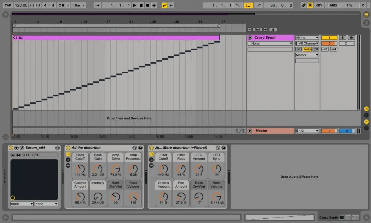 Ableton Live-Ansicht mit einem MIDI-Clip, der eine aufsteigende Tonleiter zeigt. Rechts ist der 