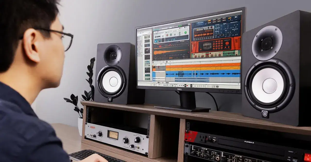 Mann h&ouml;rt Musik &uuml;ber aktive Lautsprecher, w&auml;hrend er eine DAW auf dem Monitor bearbeitet.