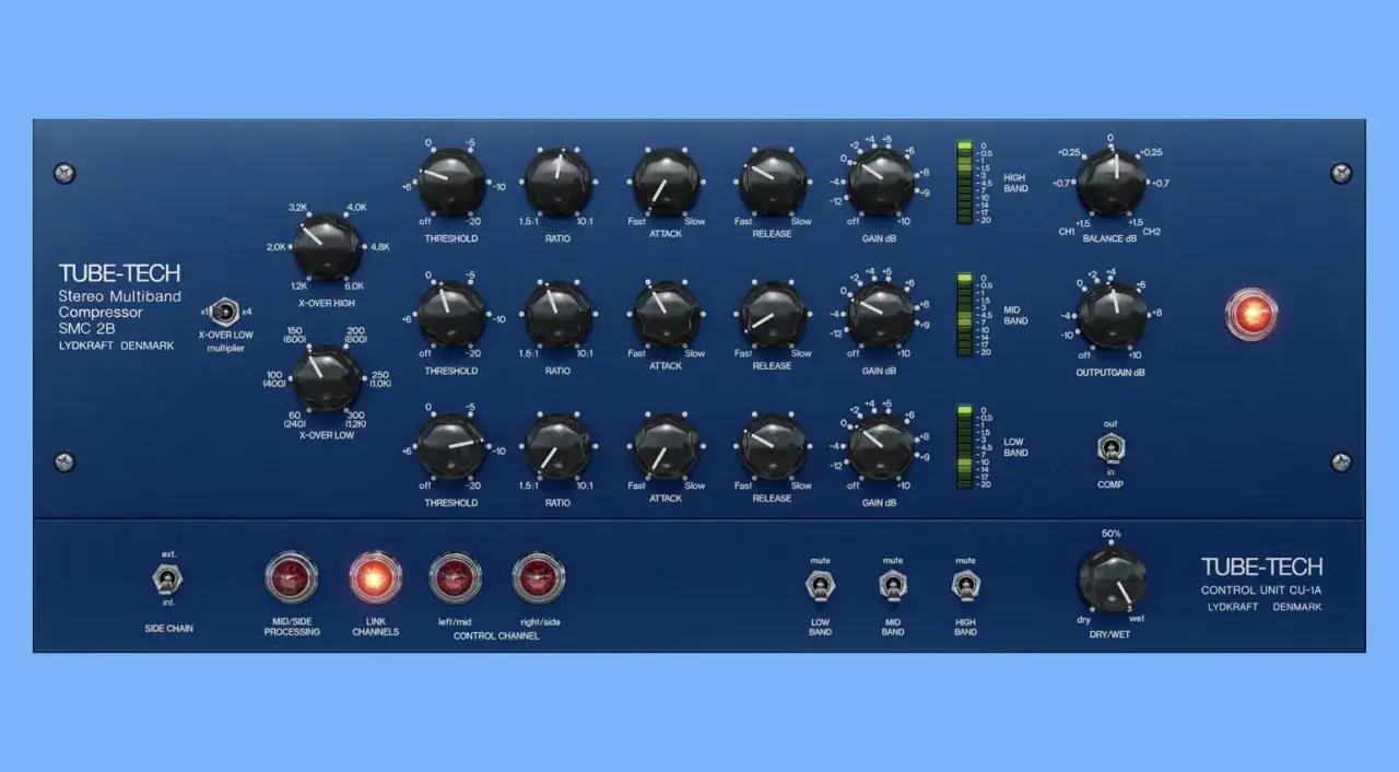 Ein digitaler free multiband compressor mit vielen Reglern f&uuml;r Frequenzb&auml;nder, Attack, Release und Gain.