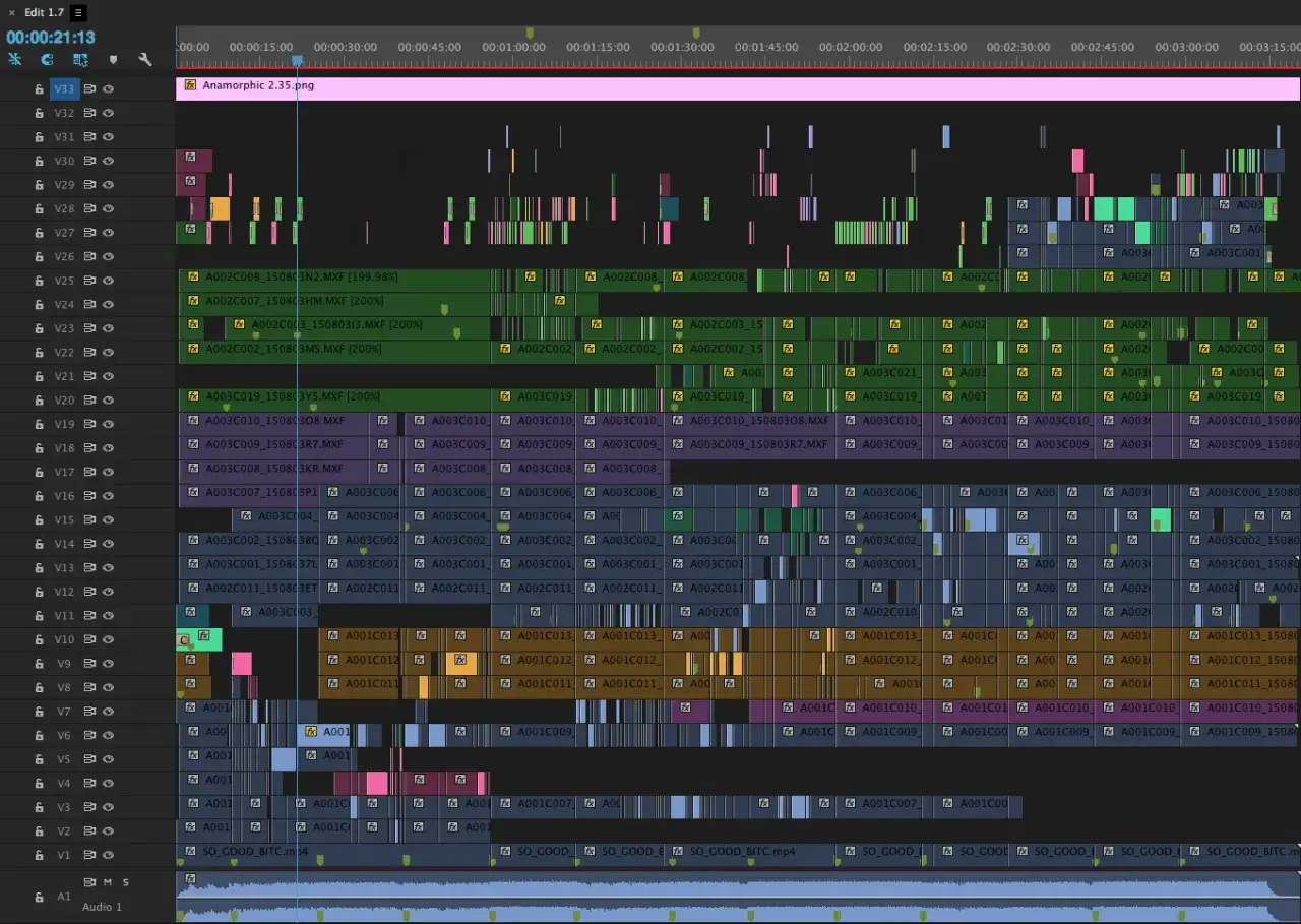 Video-Sound-Editor-Timeline mit vielen Spuren. Ein Projekt wird bearbeitet.