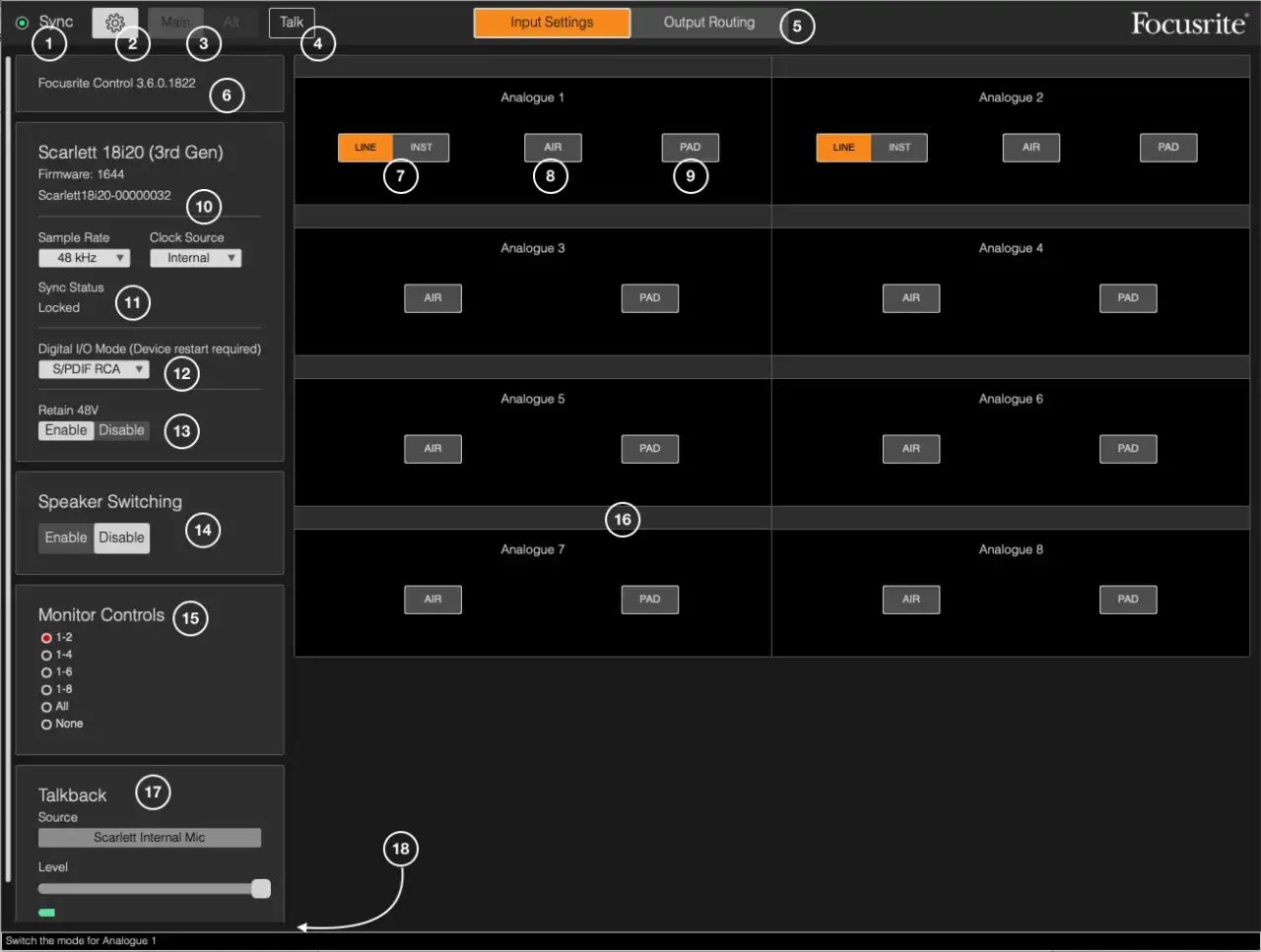 Focusrite Control-Oberfläche mit Einstellungen für Scarlett 18i20. Hier werden die focusrite plugins für die Analoge 1-8 konfiguriert.