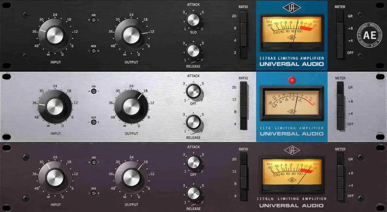 Drei Universal Audio 1176 Limiting Amplifier-Modelle, die zu den besten Plugins f&uuml;r Audiobearbeitung z&auml;hlen.