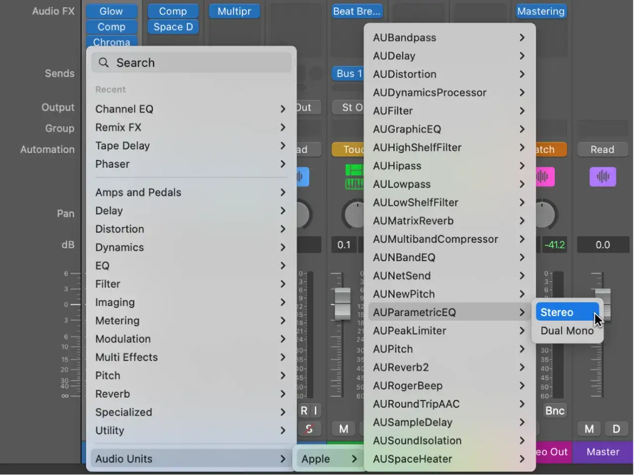 Logic Pro X Plugins: Men&uuml; mit Audio-Effekten, darunter 