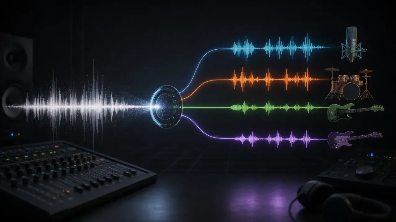 Digitale Stem Separation: Ein weißer Wellenform-Impuls teilt sich in vier farbige Spuren auf, die zu Mikrofon, Schlagzeug, Bass und Gitarre führen.