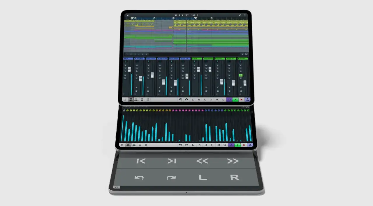 Ein Tablet zeigt die Benutzeroberfl&auml;che von Cubase IC Pro mit einer detaillierten Musik-Timeline und Mixer-Fadern.
