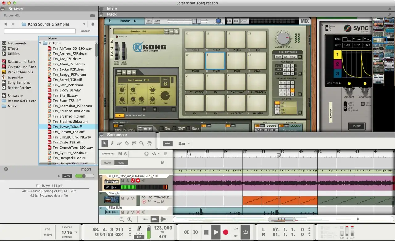Musescore 4 zeigt eine Musikproduktionssoftware mit einem Drum-Rack, Sequenzer und Effekten. Ein Sample namens 