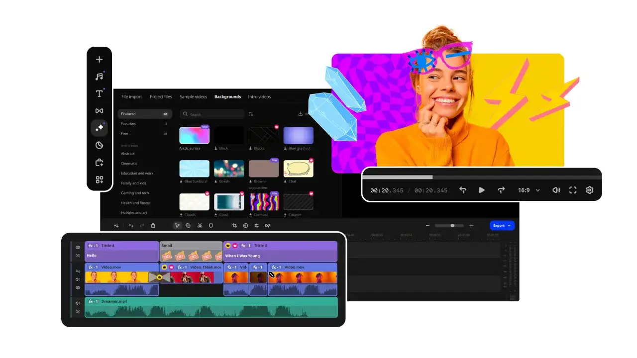 Eine Frau mit bunten Brillen lacht, während sie eine kostenlose Audio-Mixer-Software bedient.