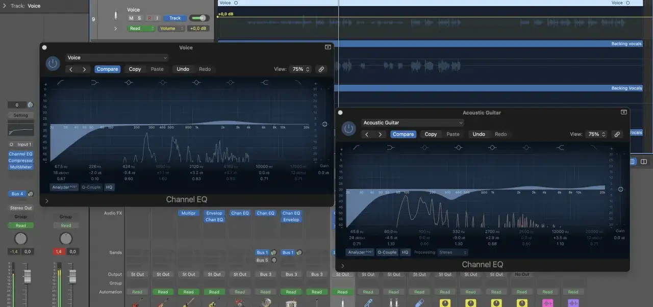EQ-Einstellungen für Gesang und Gitarre, mit einem deutlichen Bass Cut bei der Gitarre.
