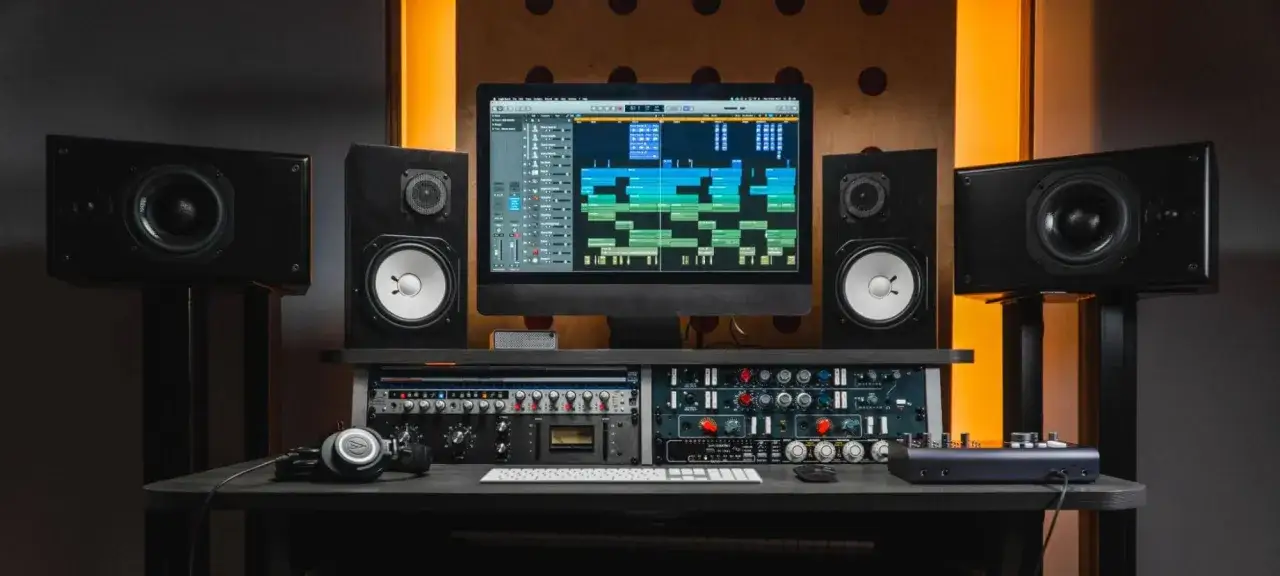 Ein Tonstudio mit Lautsprechern, Monitor und Rack-Ger&auml;ten. Perfektes gain staging f&uuml;r klare Aufnahmen.