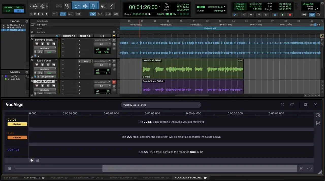 Audio-Software mit der aax plugin-Funktion zeigt Spuren f&uuml;r Gesang und Begleitmusik. VocAlign-Fenster synchronisiert Spuren.