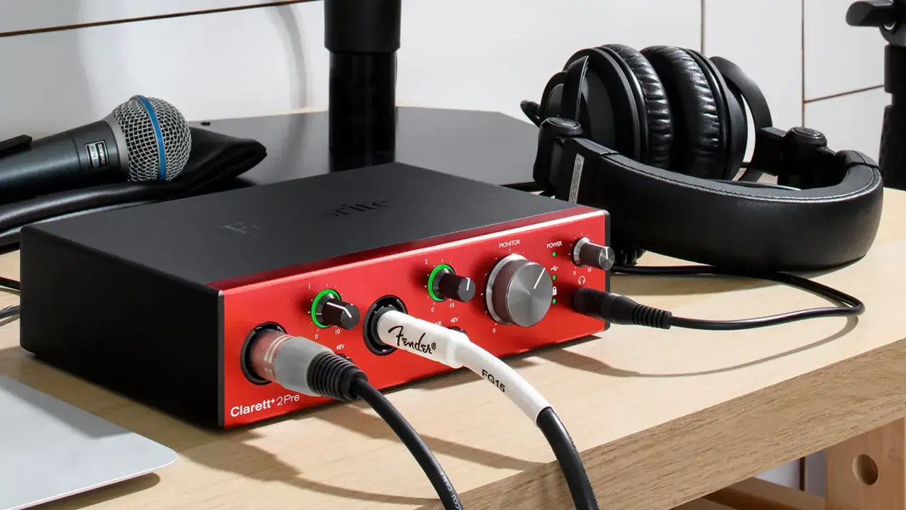Rotes Audio-Interface mit Mikrofon, Kopfh&ouml;rern und Kabeln. Ein Mikrofonkabel ist angeschlossen, das andere mit hoher Impedanz.