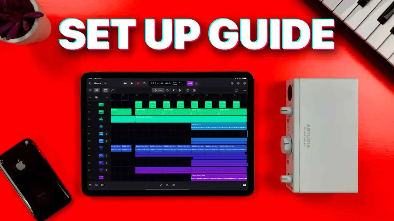 Ein iPad mit Logic Pro und ein Audio-Interface f&uuml;r Musikproduktion.