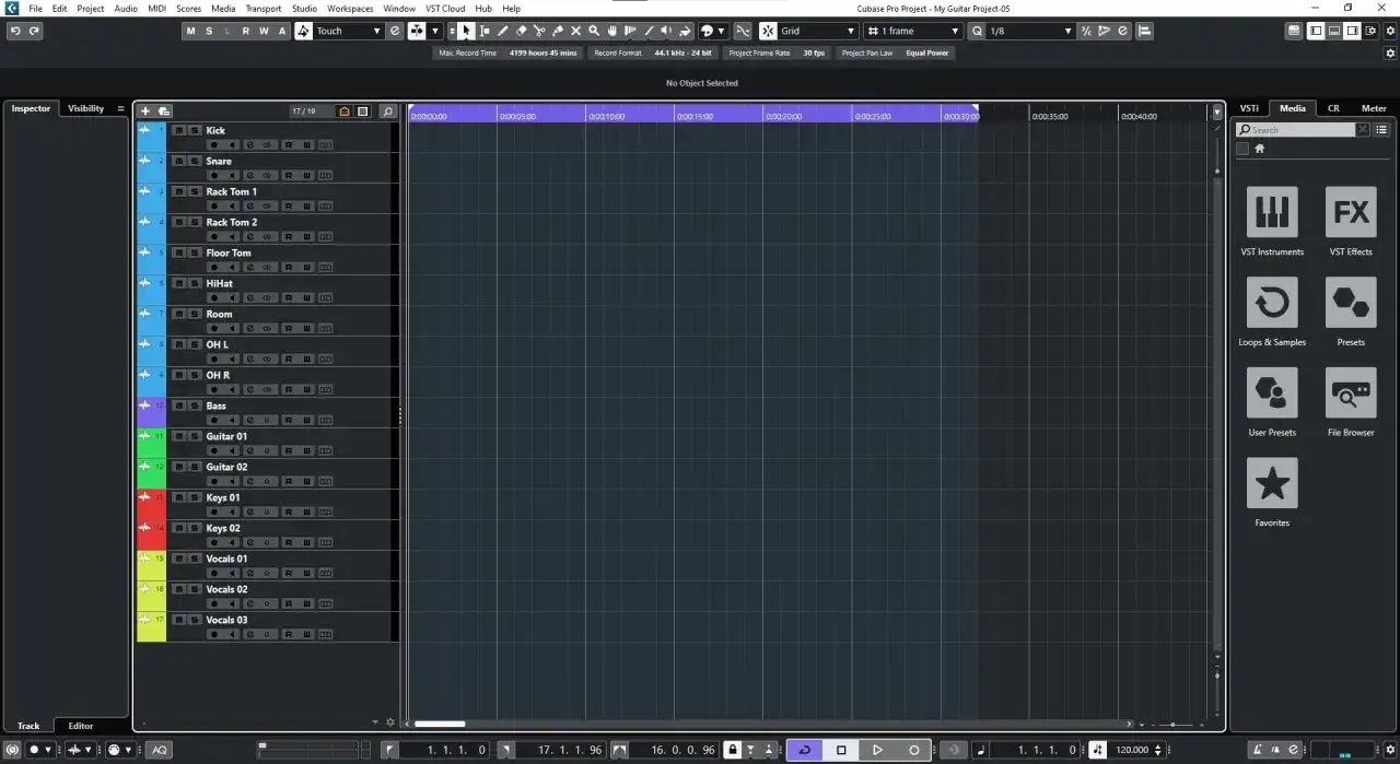 Cubase-Projekt mit Spuren f&uuml;r Schlagzeug, Bass, Gitarre, Keys und Vocals. Hier wird Audio zu MIDI konvertiert.