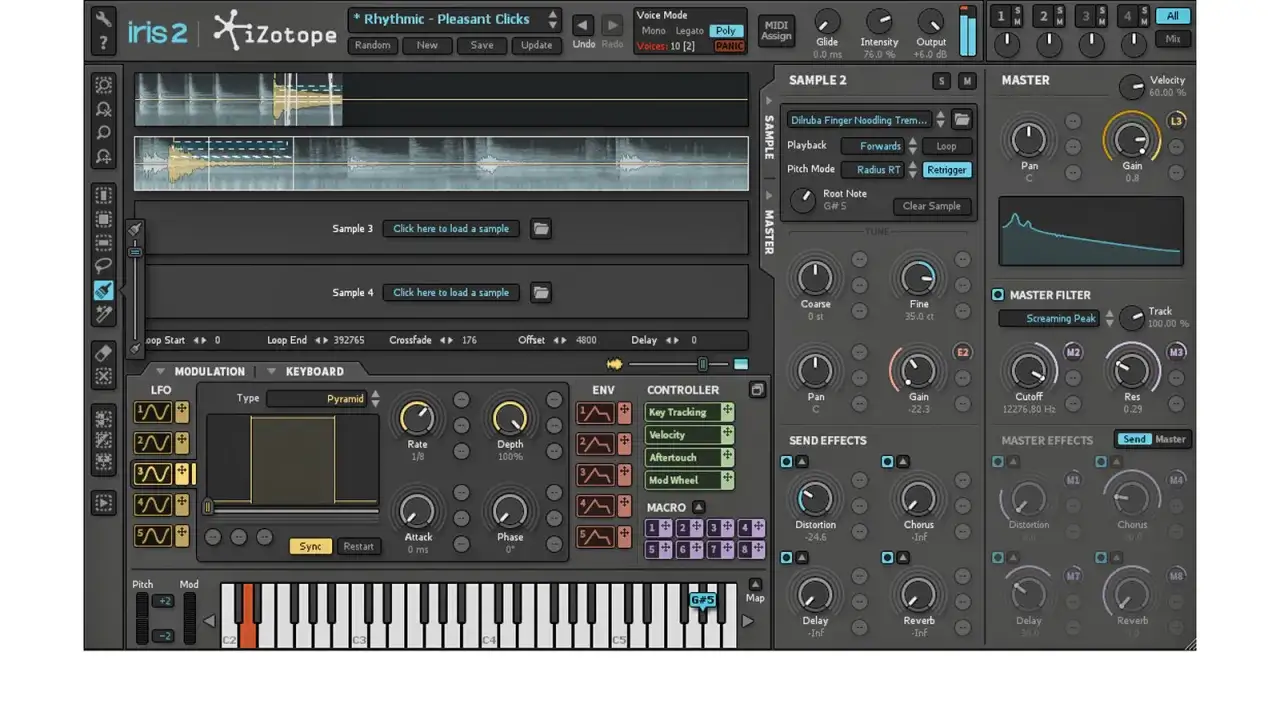 Iris 2: Ein virtuelles Instrument mit Wellenformen, LFOs und Effekten. Hier wird ein Sample geladen und mit Parametern wie