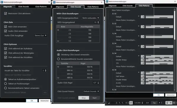 Cubase: Metronom-Einstellungen zeigen, dass kein Ton für den Click eingestellt ist. MIDI- und Audio-Click sind aktiviert, aber die Ausgänge sind nicht verbunden.