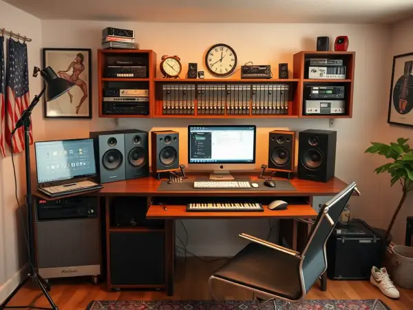 Ein Musikstudio mit Computern, Lautsprechern und einem Keyboard. Hier entstehen Meisterwerke im **aiff format**.