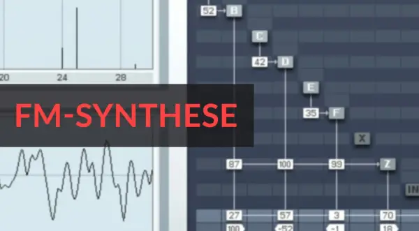 FM-Synthese-Diagramm mit Wellenformen und Noten. Die Frequenzmodulation wird hier visuell dargestellt.