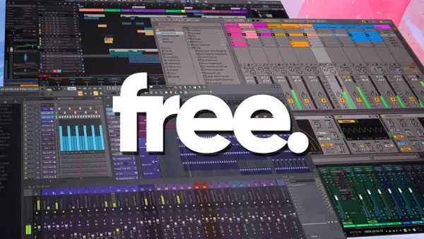 Musikproduktion-Software mit vielen Spuren und Effekten. Eine riesige "free."-Schrift überlagert die Ansicht, die eine FL Studio Alternative Free darstellt.
